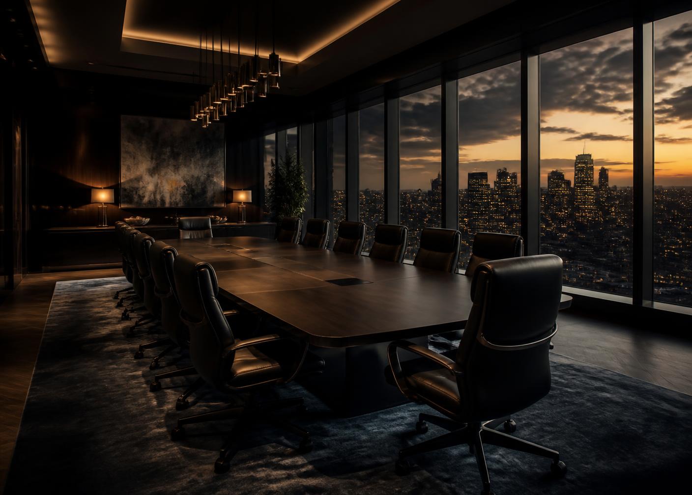Executive boardroom at dusk overlooking a city skyline