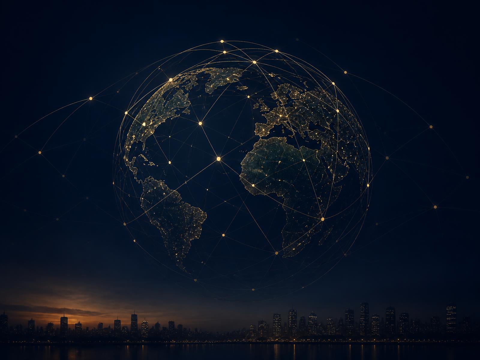 Connected global network of gold light over a city skyline at dusk