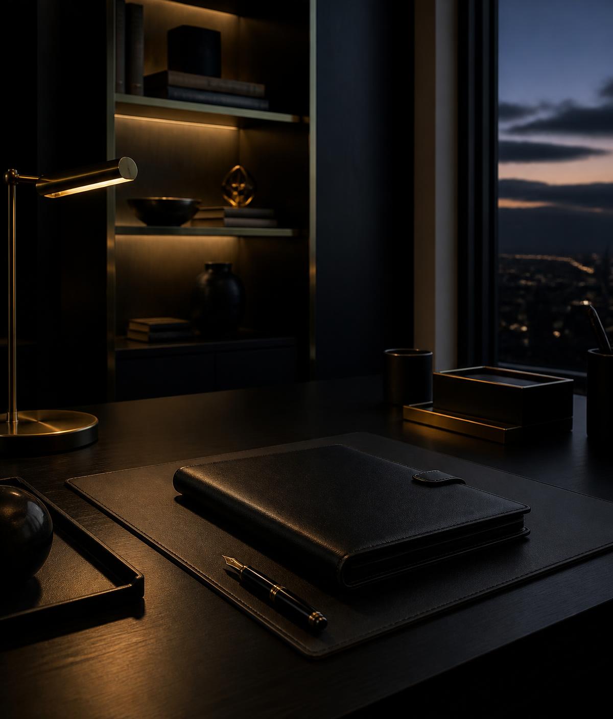 Quiet executive desk at dusk with warm gold lighting